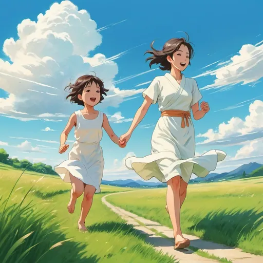 Prompt: Japanese woman in white dress is running with her son, green grassland, blue sky and white clouds, Makoto Shinkai style, Japanese anime style, simple facial expressions, simple lines, oil painting brushstrokes, beautiful scenery, illustrations, fairy tales , high saturation color scheme, high contrast, childlike picture book illustration, warm sunshine, fresh tones 