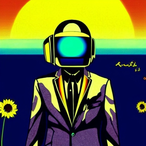 Prompt: daft punk in a surreal anime style with background of space, moon, a cat, and sunflowers.