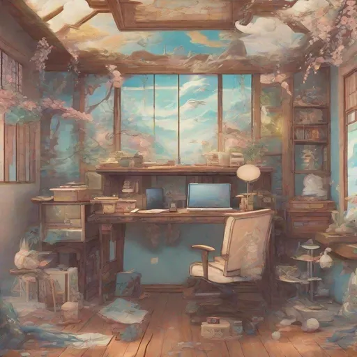 Prompt: a ghibli style work desk of a creative person, room designed in japanese style, surreal japanese elements flying in the space, a fantasy semi-realistic