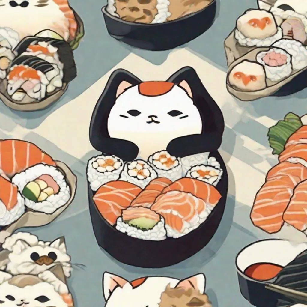 Prompt: sushi shaped like cat, cute, ukiyo-e style