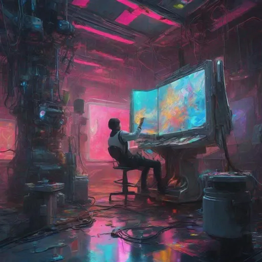 Prompt: the painting room that is designed in a cyberpunk futuristic style, the painter is using the technologies and gadgets of future to paint an unrealistic spatial art.