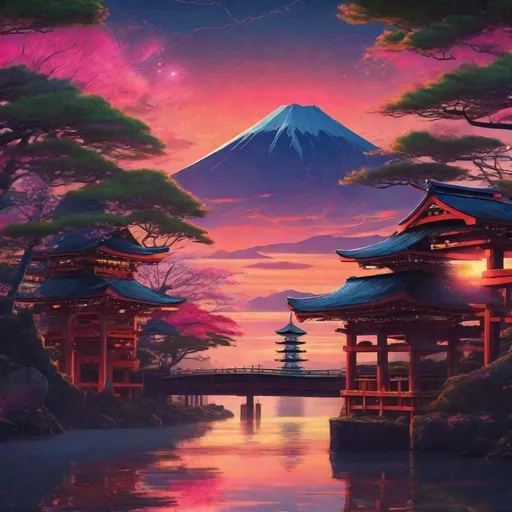 Prompt: Sunset in Japan, with a mix of nature and cyberpunk style, having a shinto shrine, sea, and mount fuji. The sky should show the galaxy and surreal cyberpunk look.