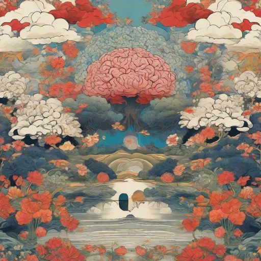 Prompt: only brain, living inside head, brain is house, garden of thoughts around brain, brain and clouds around brain, flowers around brain, psychological, ukiyo-e style