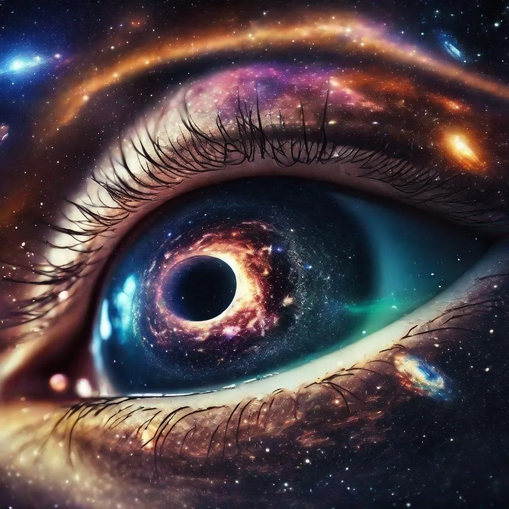 Prompt: universe's eye looking to soul, universe becoming one, big bang, cinematic, logic and matrix like background, surreal elements flying, living in outer space, galactic, galaxies, a new galaxy, another living specie of the new galaxy looking in the screen like a camera's focal point in close up, new world with new physics laws and science, everything is different from our existing consciousness.