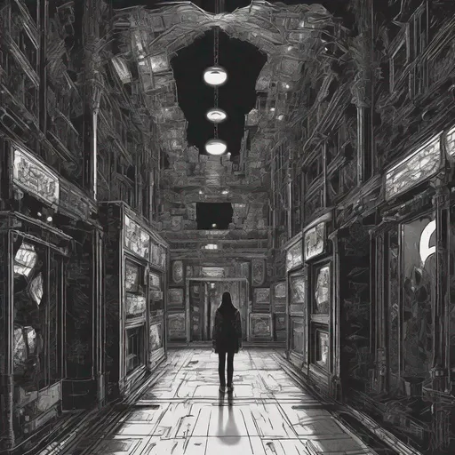 Prompt: When the arcade comes to reality, you are inside a game, distortion of mind and reality, in a dark setting.