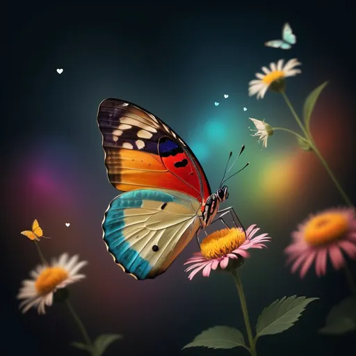 Prompt: Photo of a butterfly in the style of Paul Barson three flower butterfly background lovly heart rainbow.