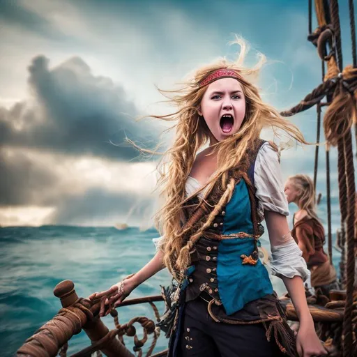 Prompt: beautiful teenage pirate female, shouting to crew, dirty blond hair, on irish pirate ship , blue strand in hair,  explosion over water in background , shot on canon 4 k