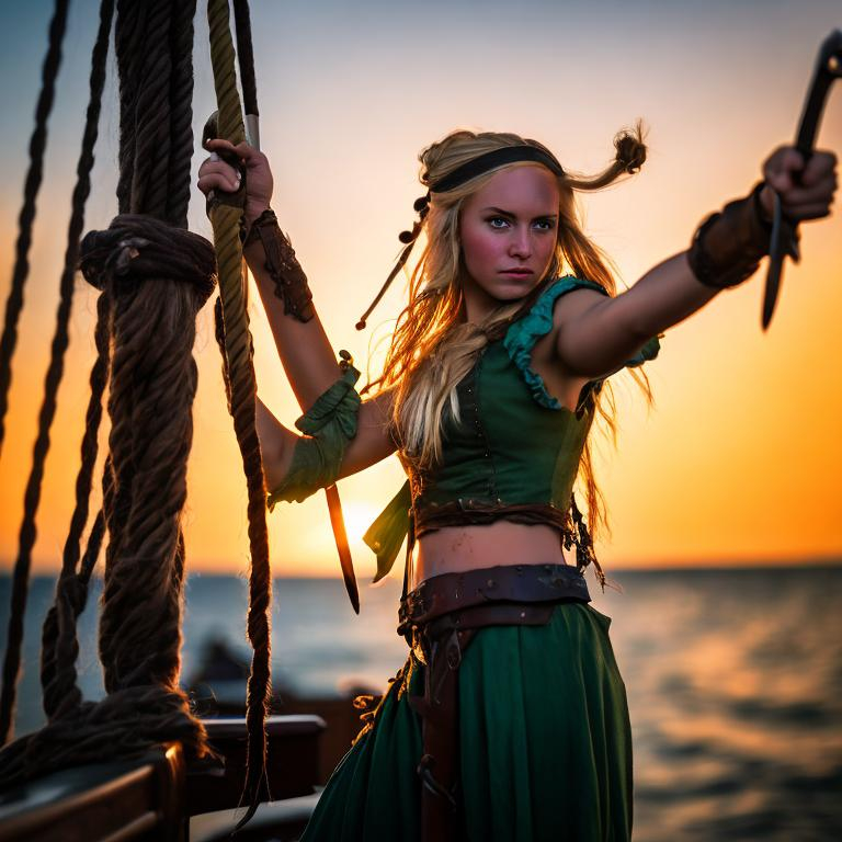 Prompt: beautiful teenage pirate female, pointing sword at crew, dirty blond hair, on irish pirate ship , blue strand in hair,  sunset , green flash, shot on canon 4 k