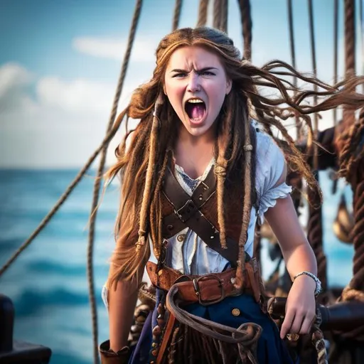 Prompt: beautiful teenage pirate female, shouting to crew, on irish pirate ship , blue strand in hair, canon exploding, background , shot on canon 4 k