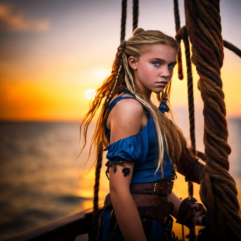 Prompt: beautiful teenage pirate female, sword, dirty blond hair, on irish pirate ship , blue strand in hair,  sunset ,  shot on canon 4 k