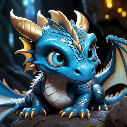 Prompt: Baby dragon, blue, black, white, gold scales, fantasy illustration, detailed eyes, mythical creature, high quality, fantasy, dragon, vibrant colors, magical, cute, digital painting, atmospheric lighting