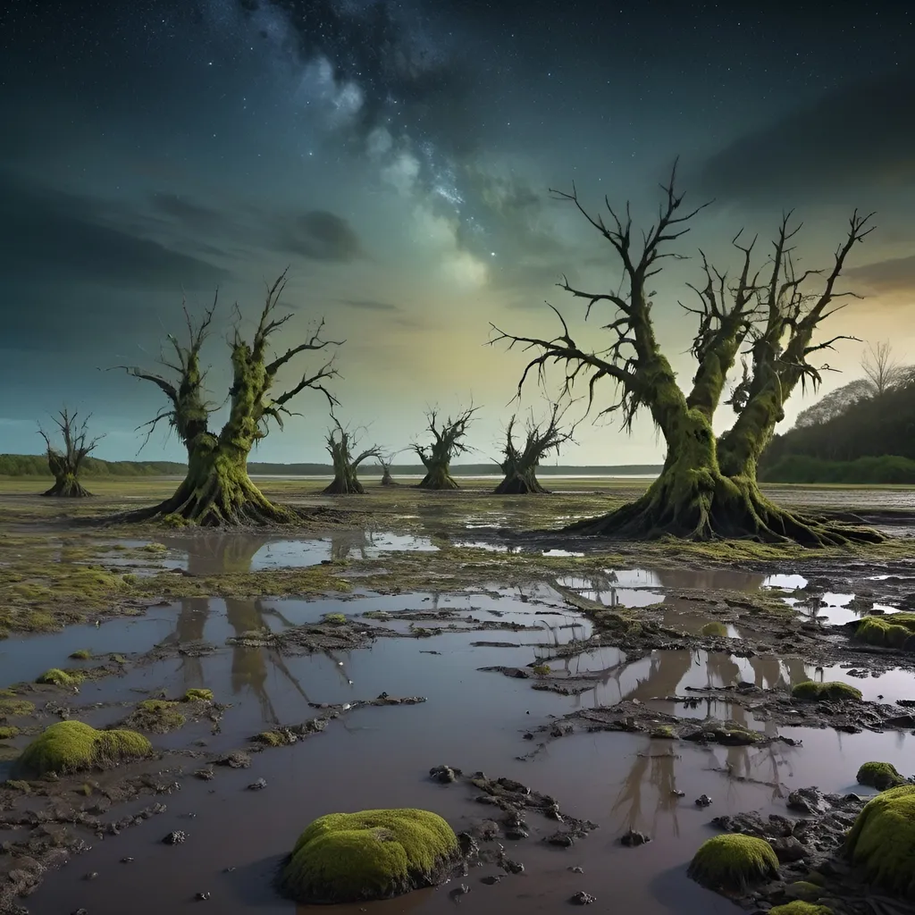 Prompt: mudflats , trees dead decaying into the mud. HD dark, apocalyptic, STARS AT NIGHT, , COLOURFUL SKY, dystopian, overgrown, mossy rocks, rule of thirds, STARS, DARK , long exposure, Hyperrealism, LABERINTH, GULLY