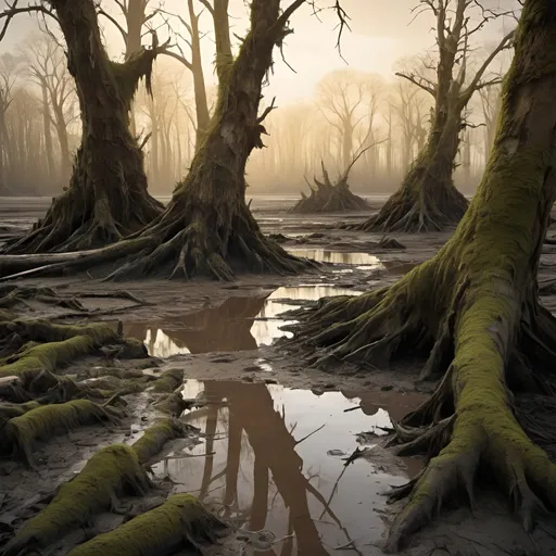 Prompt: mudflats  rotten WOOD decaying into the mud. HD dark, apocalyptic, dystopian, overgrown, mossy rocks, rule of thirds, old trees, golden ratio, Contre-jour, long exposure, tree bark, Hyperrealism, lightshafts, LABERINTH, GULLY