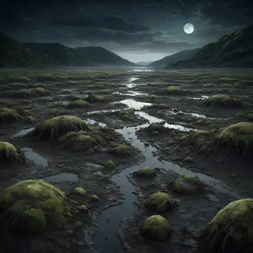 Prompt: mudflats , HILLS decaying into the mud. HD dark, apocalyptic, STARS AT NIGHT, , dark SKY, dystopian, overgrown, mossy rocks, rule of thirds, STARS, DARK , night time Hyperrealism, LABERINTH, GULLY