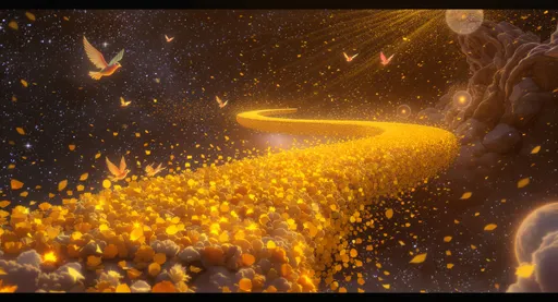 Prompt: A Pixar-style 3D render of a glowing Marigold Bridge stretching across a starry cosmic void. The bridge is made of thousands of brilliant marigold petals, glowing golden and drifting gently into space, forming a shimmering path. Dozens of Alebrijes — colorful, fantastical creatures — weave the bridge together with their glowing paw prints and wing trails. Some Alebrijes fly above, scattering petals like radiant confetti. White-centered, orange-glowing spirit orbs float joyfully across the bridge, heading toward a distant horizon of warm light. The entire scene feels triumphant, magical, and celebratory, with cinematic lighting, Pixar-quality rendering, ultra-detailed textures, and a warm, heart-lifting tone.