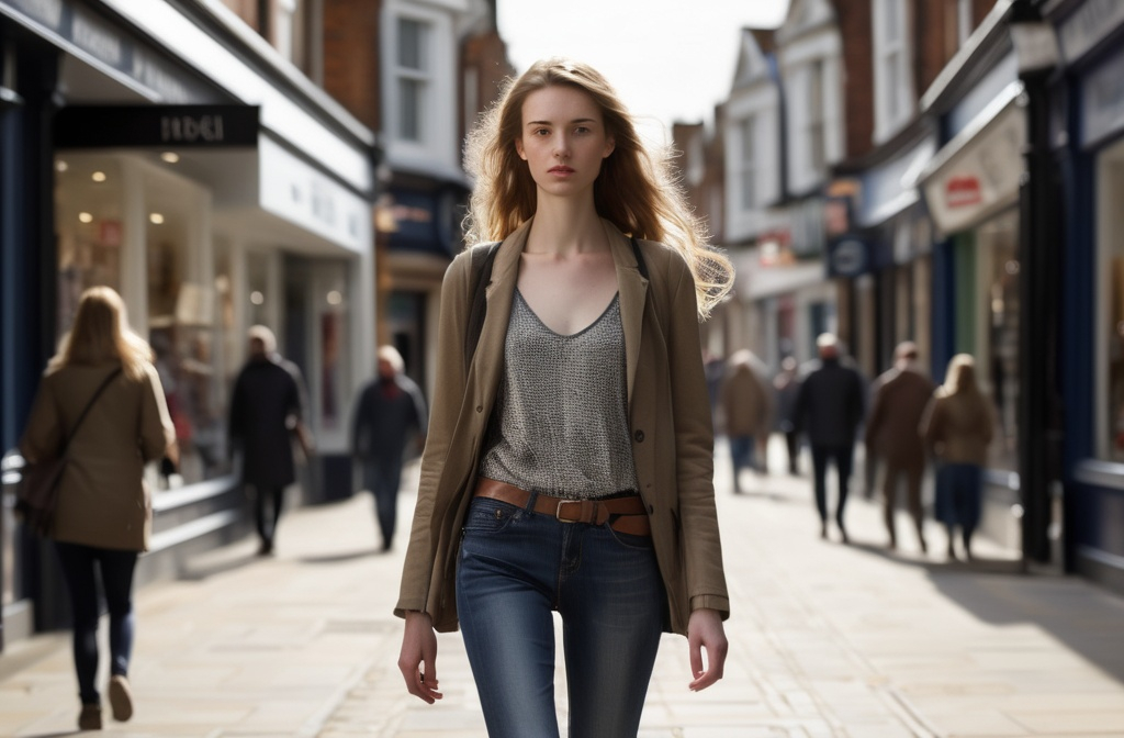 Prompt: Tall young woman walking down the high street, detailed clothing, realistic, natural lighting