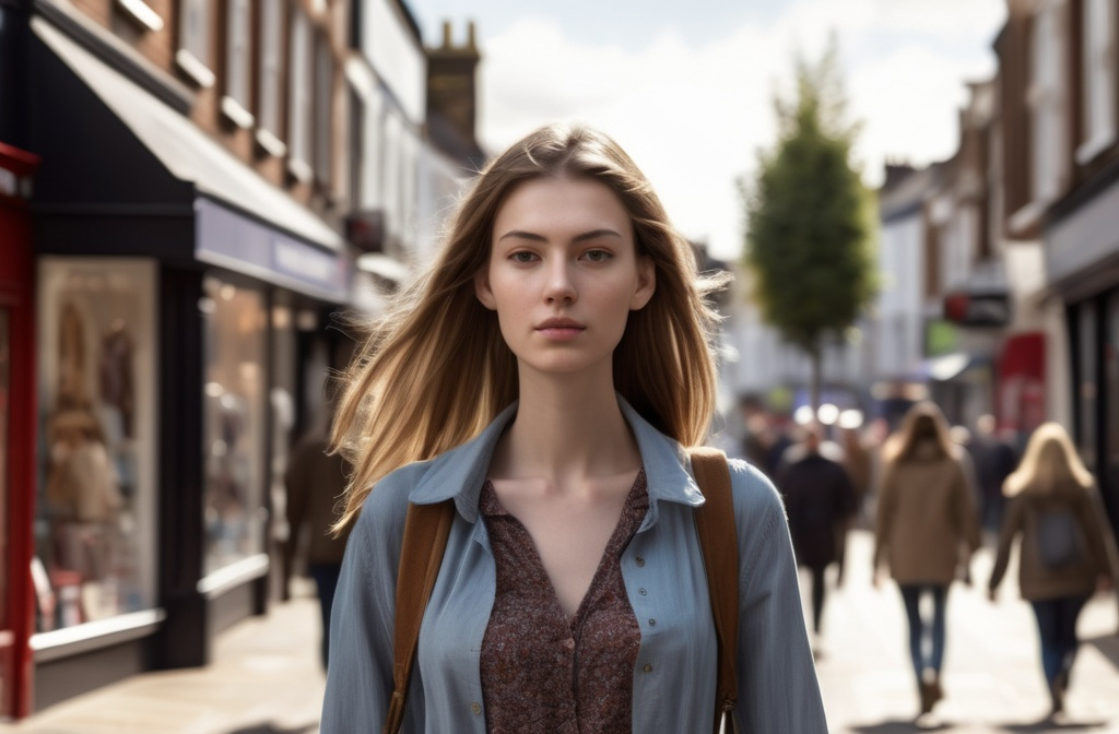 Prompt: Tall young woman walking down the high street, detailed clothing, realistic, natural lighting