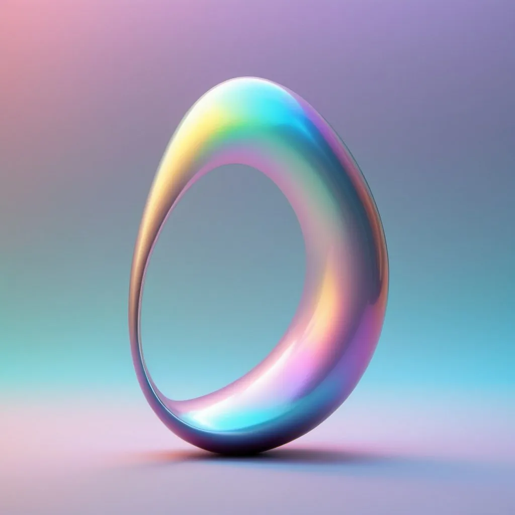 Prompt: One figure: 
Shape: a figure similar to an elongated volumetric shape with a slight bend on the left, like a transparent three-dimensional bean. 
surface: a holographic, iridescent surface, sharp colours and clean design.  
location: floating in the air.
A bright background.