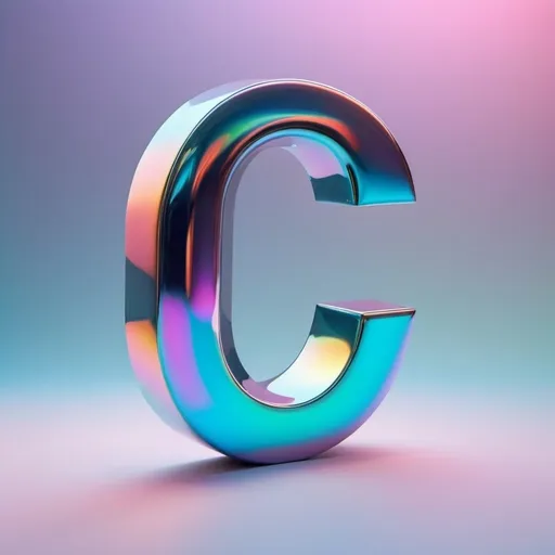 Prompt: One figure: 
Shape: a figure similar to an elongated volumetric shape with a slight bend on the left, like a transparent three-dimensional letter C. 
surface: a holographic, iridescent surface, sharp colours and clean design.  
location: floating in the air.
A bright background.