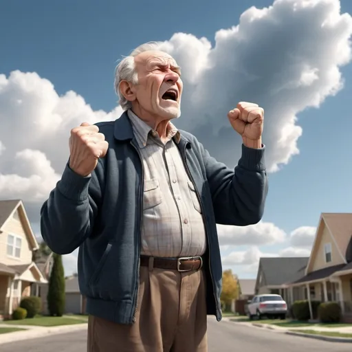 Prompt: please generate a photorealistic image of an old man, standing outside on the street of a nice suburban neighborhood, shaking his fist while looking to the sky and yelling at the clouds