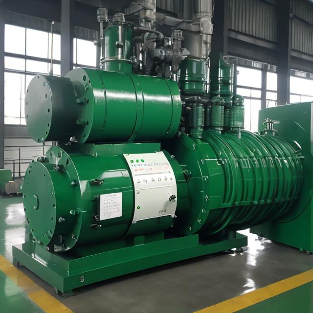 Prompt: A centrifugel compressor  discharging green gas
