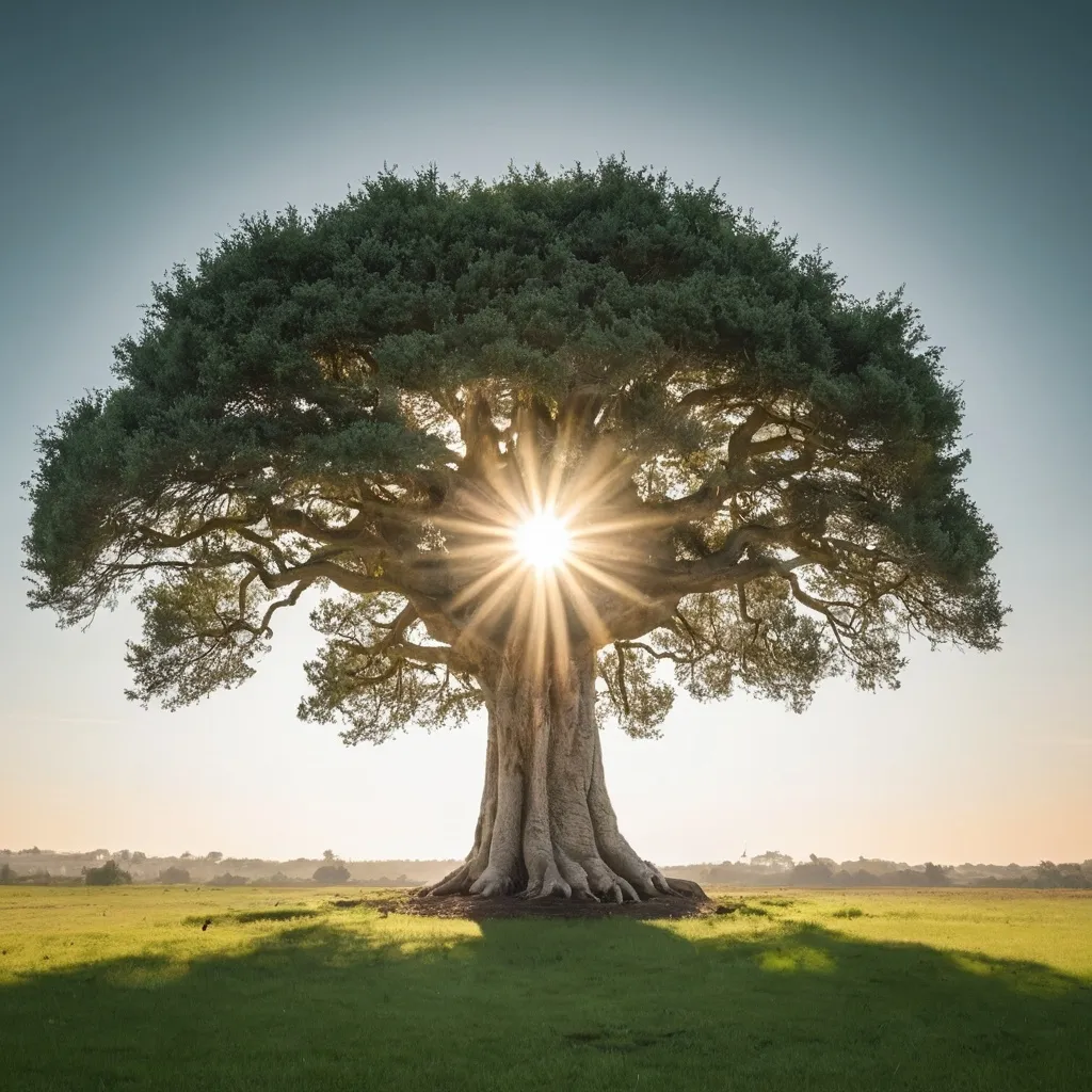 Prompt: A great hold tree on a green flat with the sun shining in behind 