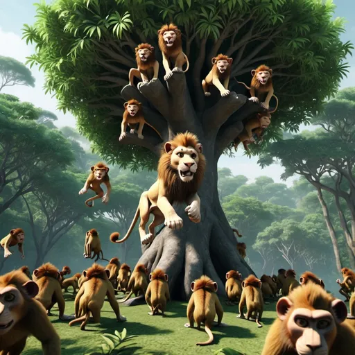 Prompt: 3D animation of a scared lion escaping from a bunch of wild monkeys, by climbing on the top of a tree in a dense jungle while the wild monkeys wait on the ground.