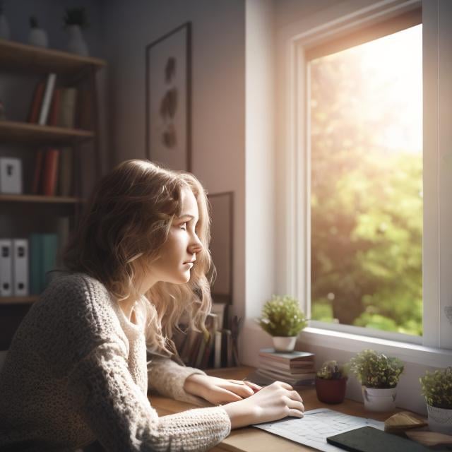 Prompt: A photorealistic picture of a young woman in a cozy home office looking out the window. The picture shows her imagining worlds and adventures in her head.