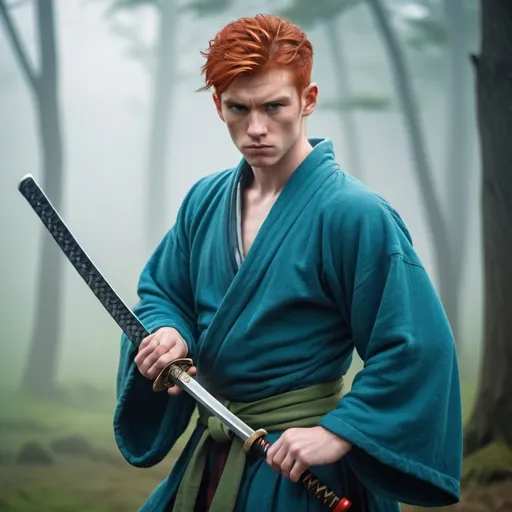 Prompt: Picture of a warrior style, red haired young man wearing a blue robe with a green band around the waist, the young man is holding a sharp katana, there is some fog in the background and he looks obstinate.
