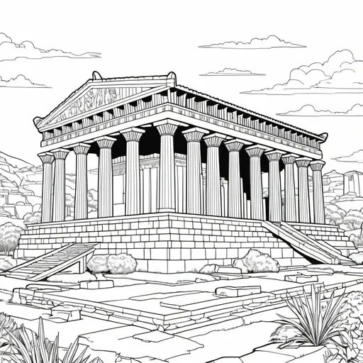 Prompt: B&W coloring book page, Temple of Artemis, line art, solid white background