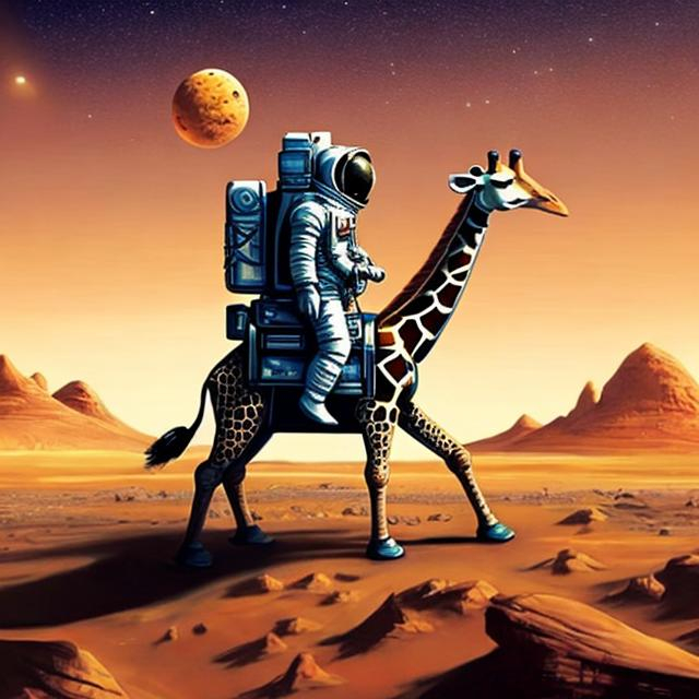 Prompt: An astronaut riding a giraffe in the surface of Planet Mars. 