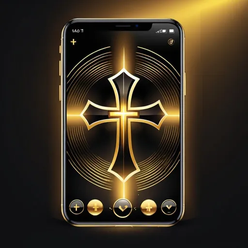 Prompt: Christian app, cross, digital illustration, gold and black color scheme, energetic and dynamic design, interactive interface, high-res, modern digital art style, immersive fan experience, innovative technology, cutting edge design, vivid colors, vibrant energy, user-friendly, sleek and polished, intense lighting, action-packed