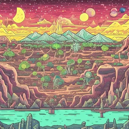 Prompt: rick and morty style landscape drawing