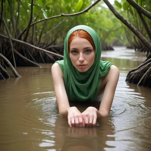 Prompt: Beautiful girl, a very skinny and tiny redhead girl lies in a river wear a wet white denim short and a green muslim hijab in a steamy wet mangroves jungle mud. She's looking soaking wet. She have a ring nose piercing and a navel piercing. And wearing stockings on her legs
