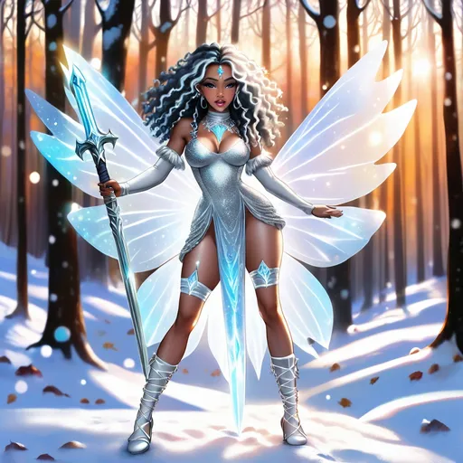 Prompt: A black female, fairy with silver and light blue curly long Afro hair. Dressed in above knee length white and silver shimmery dress with silver and sparkly thigh high white socks. She has silver fairy wings which are properly placed in her back and she is standing in a forest in the fall, the trees are all in winter colours, with the sunset in the horizon. She is holding a glowing silver sword. A snow leopard is standing beside her. 