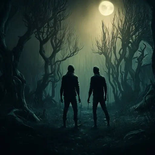 Prompt: Twin brothers standing in Dark, mysterious forest scene, moonlit night, eerie atmosphere, detailed foliage, haunting shadows, high quality, realistic, moody, dark tones, atmospheric lighting