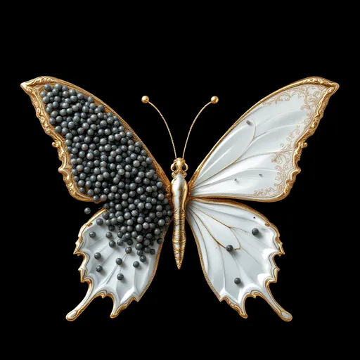 Prompt: a butterfly with a left wing like a caviar spoon with caviar pearls ad the right wing shaped like a tea cup