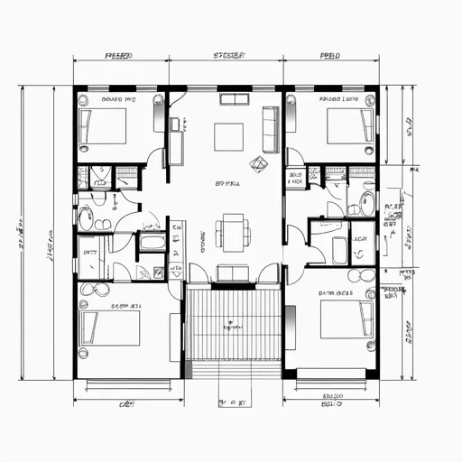 Prompt: A detailed CAD drawing of a residential floor plan.