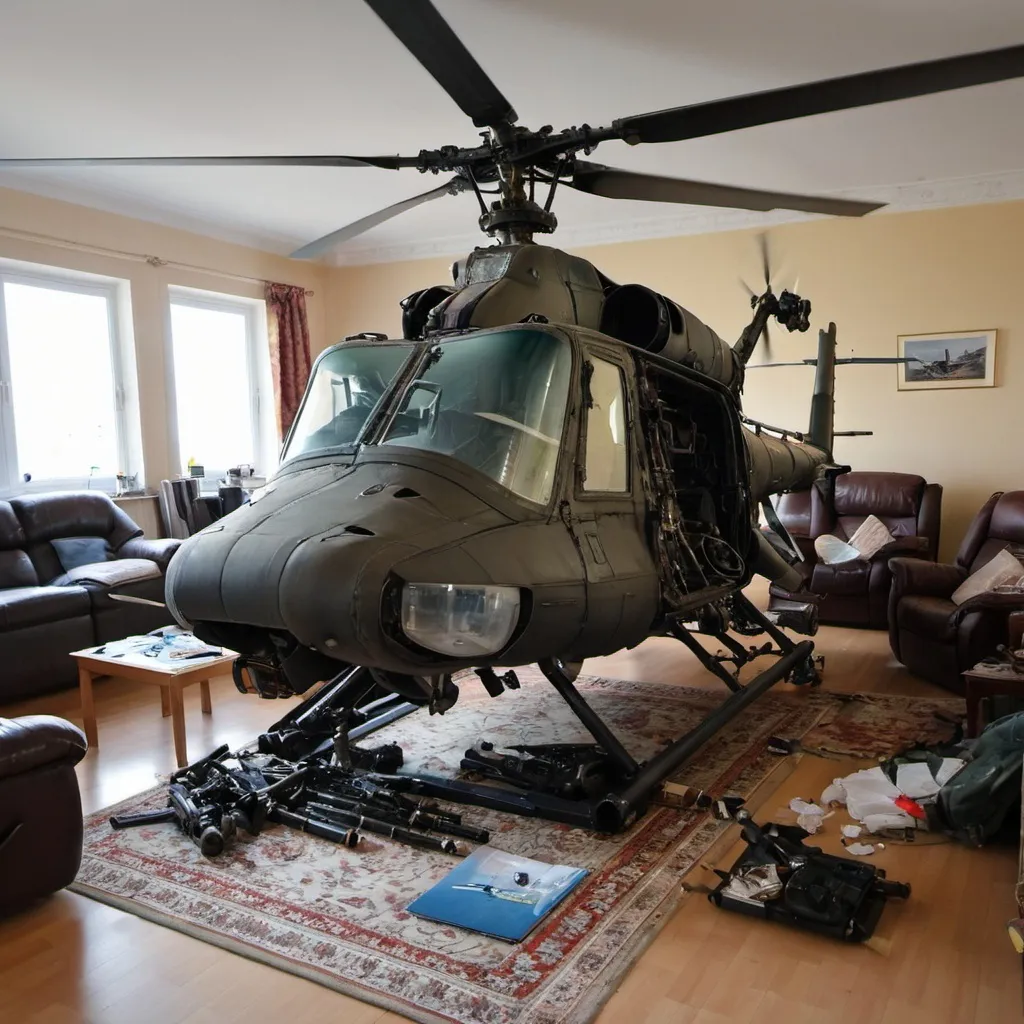 Prompt: Dismantled Russian attack helicopter in the living room