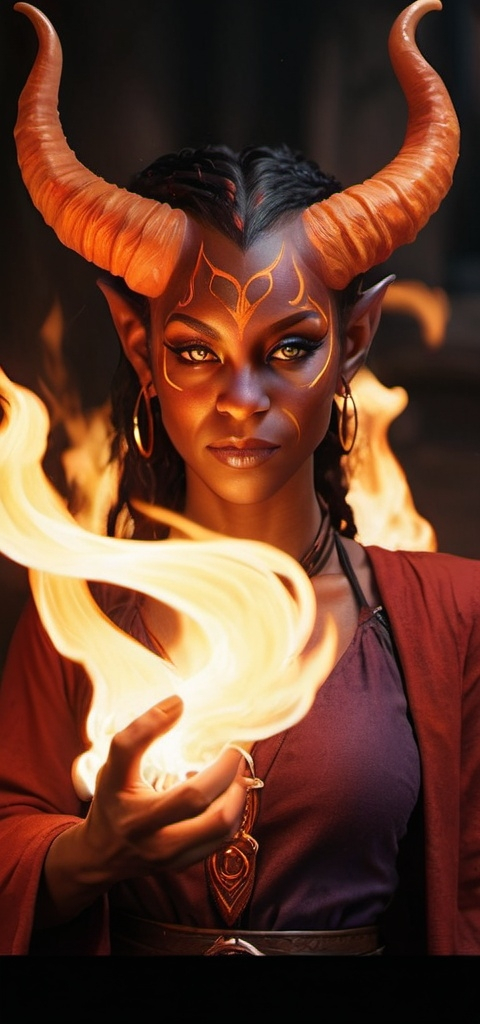 Prompt: hyper-realistic Tiefling character with fire hands, fantasy character art, illustration, dnd, warm tone