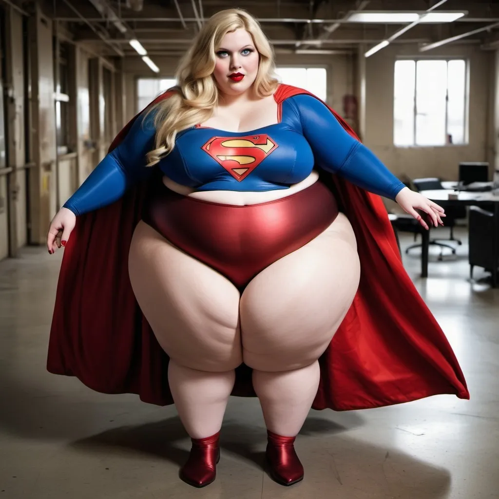 Prompt: The fattest woman in the world, her belly is so big and fat it touches the floor, fat rolls, too fat to move, her belly is as big as a house, deep red lipstick, long blonde hair, beautiful face, supergirl costume, showing belly