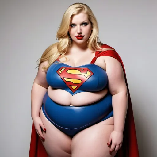 Prompt: The fattest woman in the world, her belly is so big and fat it touches the floor, fat rolls, too fat to move, her belly is as big as a house, deep red lipstick, long blonde hair, beautiful face, supergirl costume, showing belly, massive fat thighs, biting her lip, massive fat chest, ssbbw