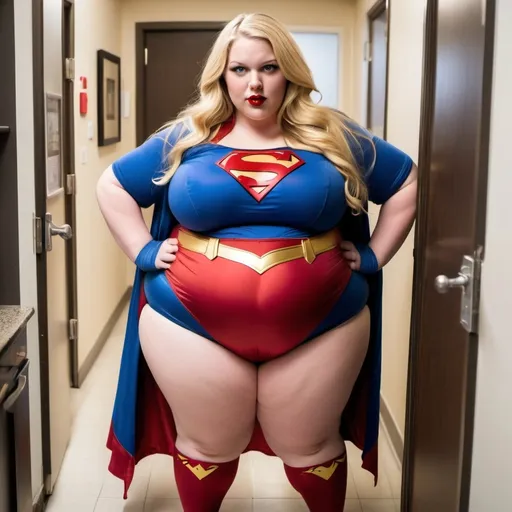 Prompt: The fattest woman in the world, her belly is so big and fat it touches the floor, fat rolls, too fat to move, her belly is as big as a house, deep red lipstick, long blonde hair, beautiful face, supergirl costume, showing belly, massive fat thighs, biting her lip, massive fat chest, ssbbw