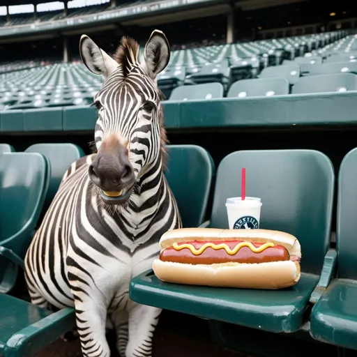 Prompt: zebra sitting in seats at baseball stadium, seattle mariners baseball stadium, zebra has hot dog in one hand and drink in the other