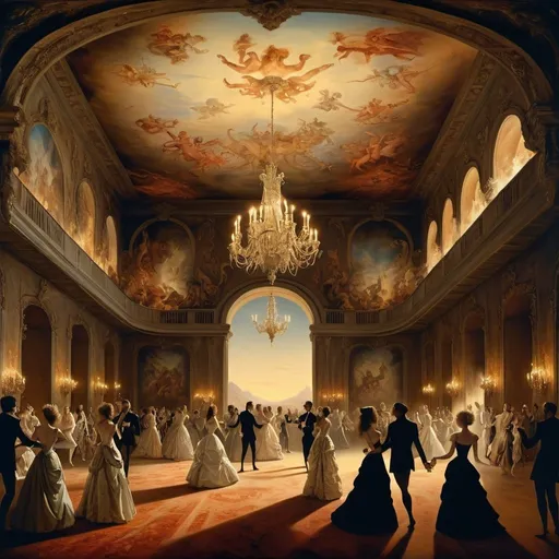 Prompt: surreal ballroom in hell by DaVinci, hedonistic dancing people, animals Salvador Dali, wide shot, baroque painting, dreamlike atmosphere, beautiful detailed intricate insanely detail, soft natural volumetric cinematic perfect light, masterpiece