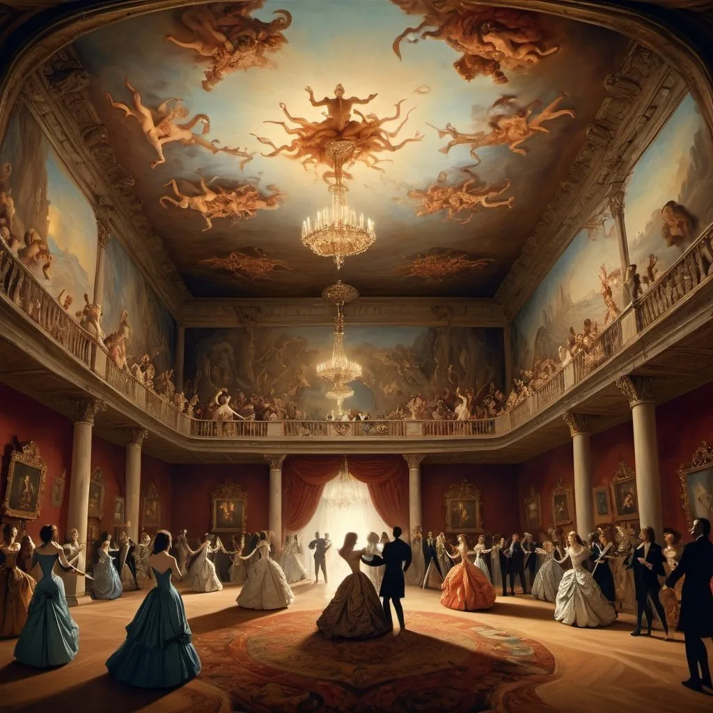 Prompt: surreal ballroom in hell by DaVinci, hedonistic dancing people, animals Salvador Dali, wide shot, baroque painting, dreamlike atmosphere, beautiful detailed intricate insanely detail, soft natural volumetric cinematic perfect light, masterpiece