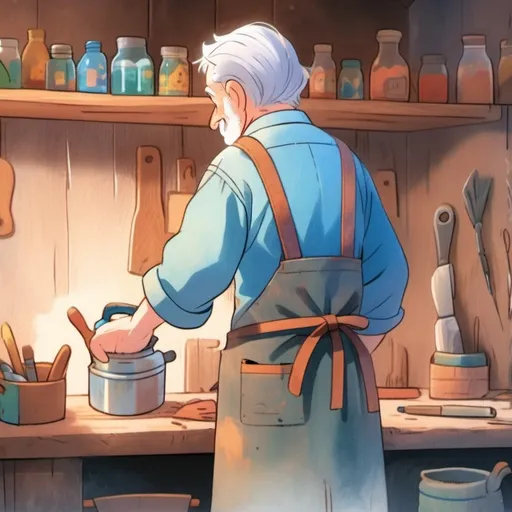 Prompt: back view Old carpenter with a leather apron, neat grey hair, blue shirt with lines,