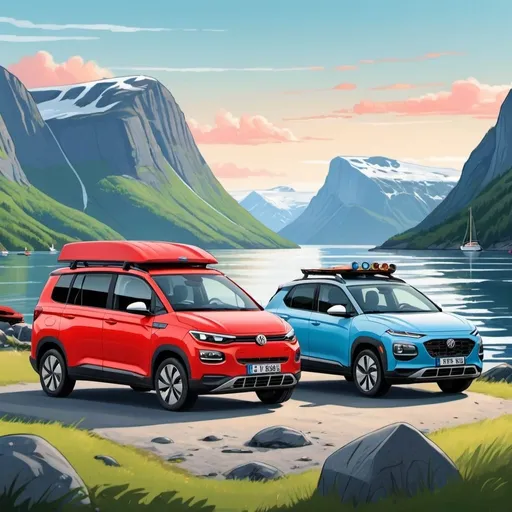 Prompt: Cartoon illustration of two campervans (Volkswagen Transporter, Fiat) and an EV Hyundai Kona Electric on a serene Norwegian fjord, three vehicles in total, black Volkswagen, white Fiat, red Hyundai, cartoon style, serene fjord setting, detailed campervans, vibrant colors, scenic landscape, professional, cartoon, colorful, detailed illustration, serene atmosphere