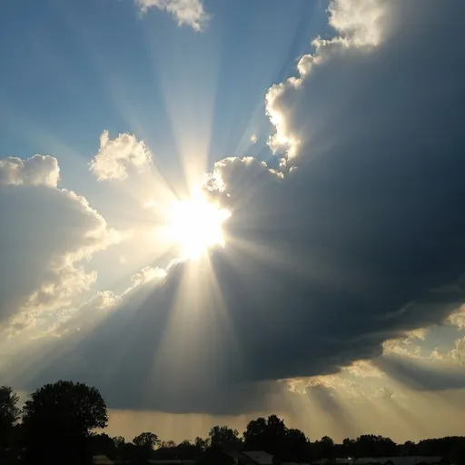 Prompt: The Sun Breaking through high puffy clouds will brilliant rays of light.




