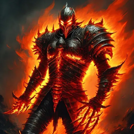 Prompt: Fiery knight engulfed in flames, realistic digital art, intricate armor details, intense and vibrant, fantasy, medieval, glowing red and orange tones, dynamic lighting and shadows, high quality, detailed flames, powerful stance, dramatic composition